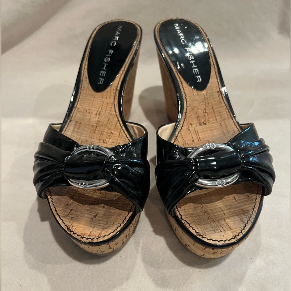 Marc Fisher Black/Cork Slip On Wedges 9